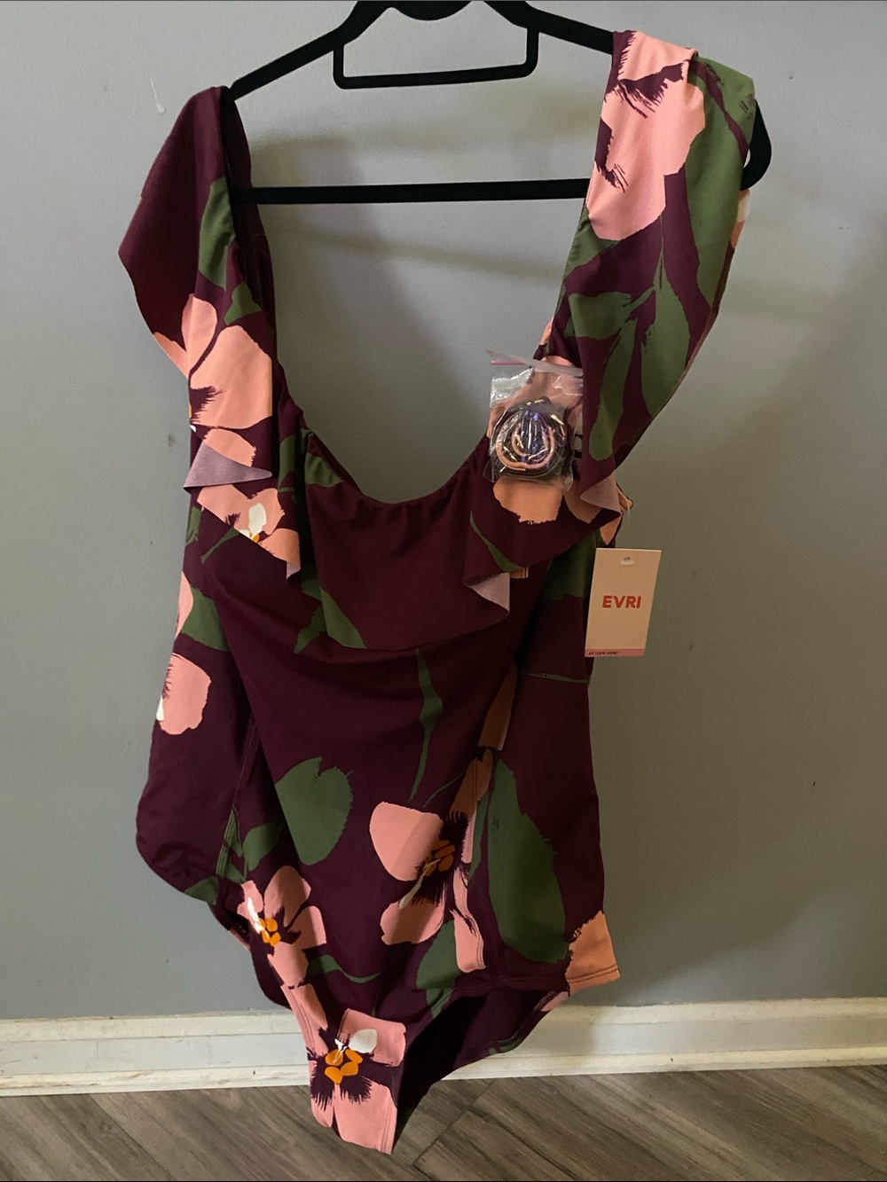 EVRI Floral Ruffle One-Piece Swimsuit in Burgundy, Pink and Green